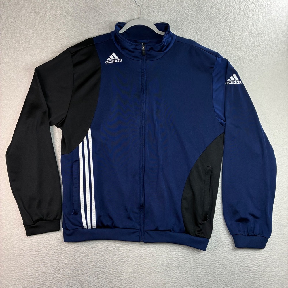 Y2K Adidas Track Jacket Men L Blue Black Full Zip Silky Hoodie Vintage‎